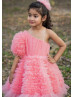 One Shoulder Peach Tulle Ruffles Pearls Beaded Flower Girl Dress